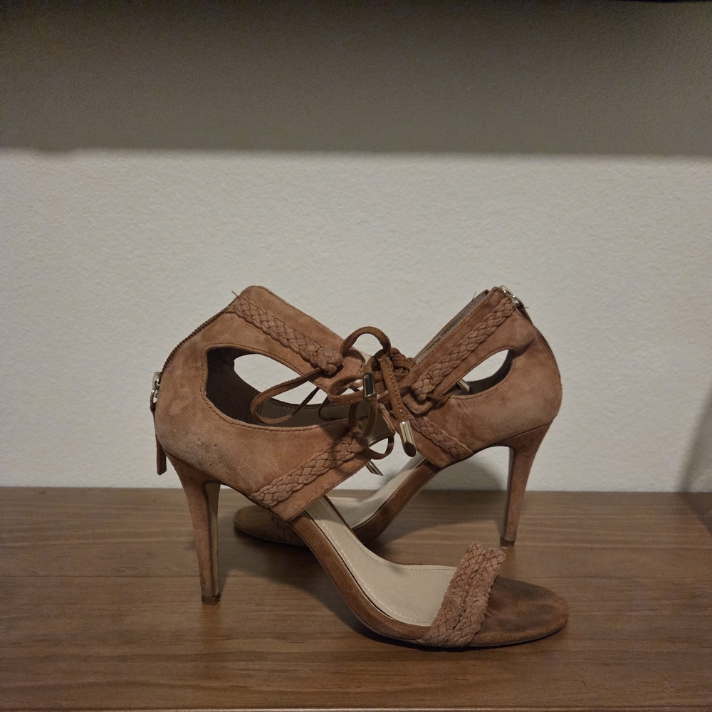 White House Black Market Tan Braided Suede Strappy High Heels
